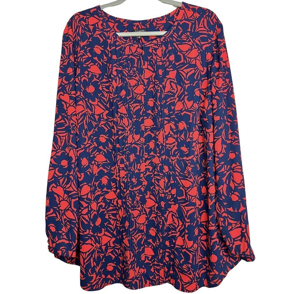 Talbots NWT Red Navy Blue Floral Long Sleeve Blouse Womens Plus Size 2X